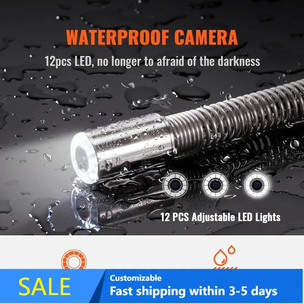 230ft Sewer Camera with 9" Screen, DVR, 12 LEDs, 16GB SD Card,