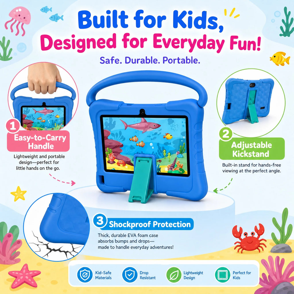 ATMPC Android 14 Kids Tablet 7", Quad-Core Toddler Tablet with Shockproof Case & Eye Care Screen, WiFi GMS Certified