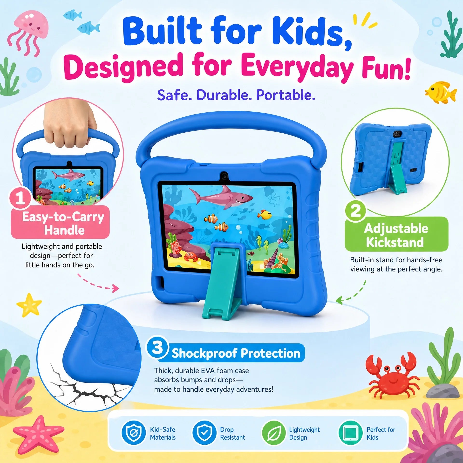 ATMPC Android 14 Kids Tablet 7", Quad-Core Toddler Tablet with Shockproof Case & Eye Care Screen, WiFi GMS Certified
