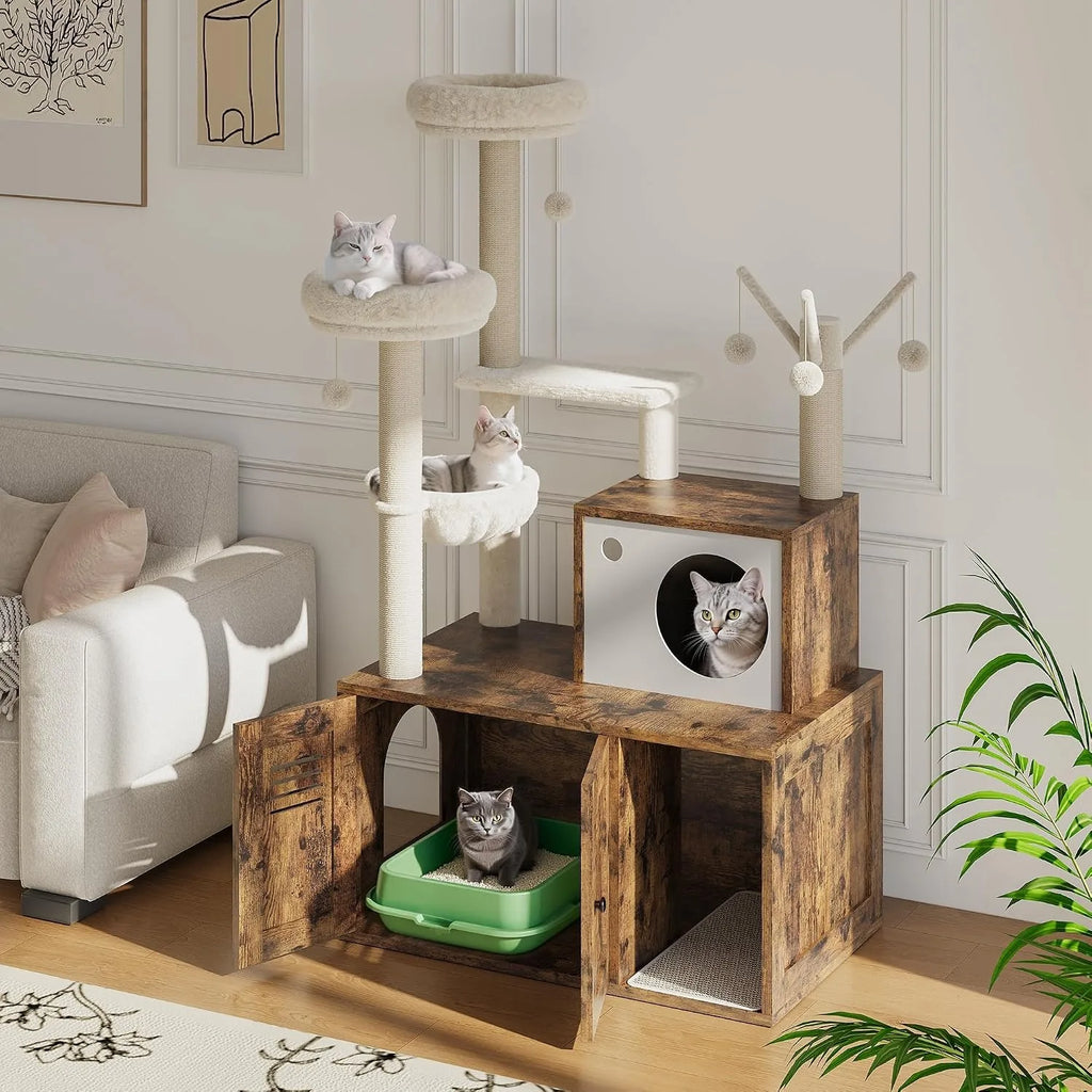 Cat Tower with Litter Box Enclosure, 2-in-1 Modern Cat Tree, 55.1-Inch Cat Condo with Scratching Posts,