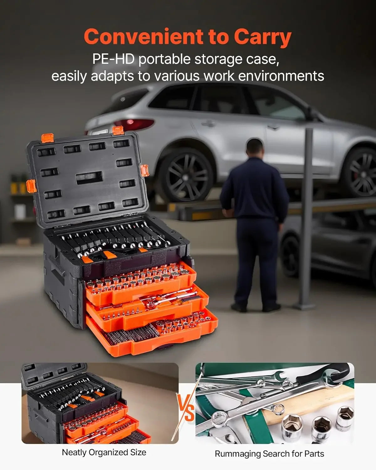 Mechanics Tool Set and Socket Set, 450 Pcs, 1/4, 3/8 and 1/2 inch Drive Deep and Standard Sockets, SAE Metric Mechanic Tool Kit