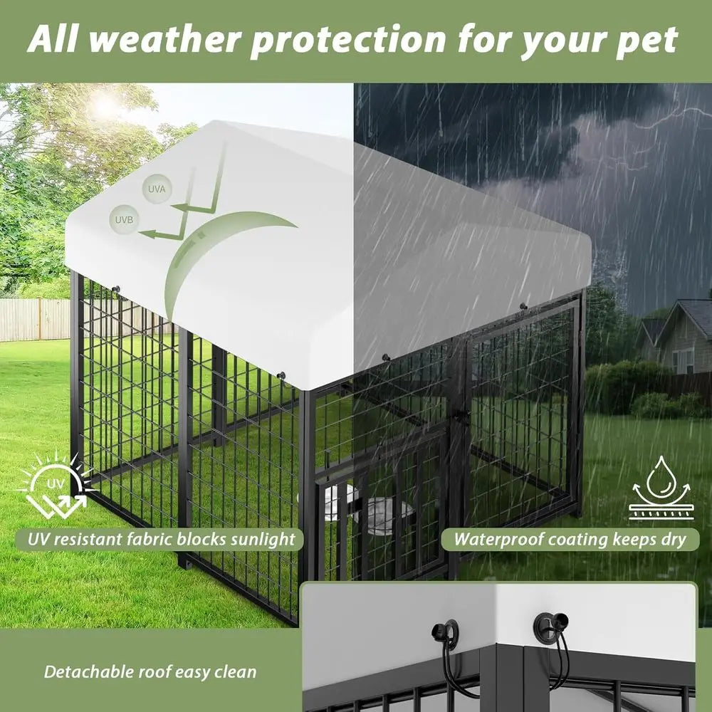 Outdoor Dog Kennel with Roo, Heavy Duty Steel Dog Run Enclosure or Small Dogs, Waterproo , Double Door, Adjustable eeding Bowls,