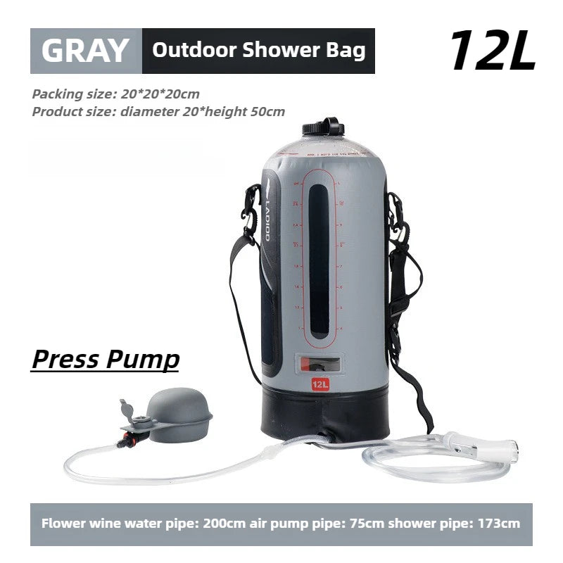 Portable Camping Shower Bag 12L Large Capacity Foldable Solar Heated Outdoor Shower for Hiking Backpacking Travel