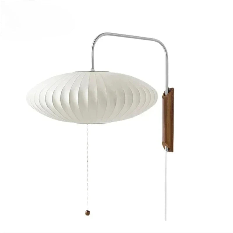 Modern Japanese Style Wall Lamp with Pull Chain Walnut Wood Base Silk Shade LED