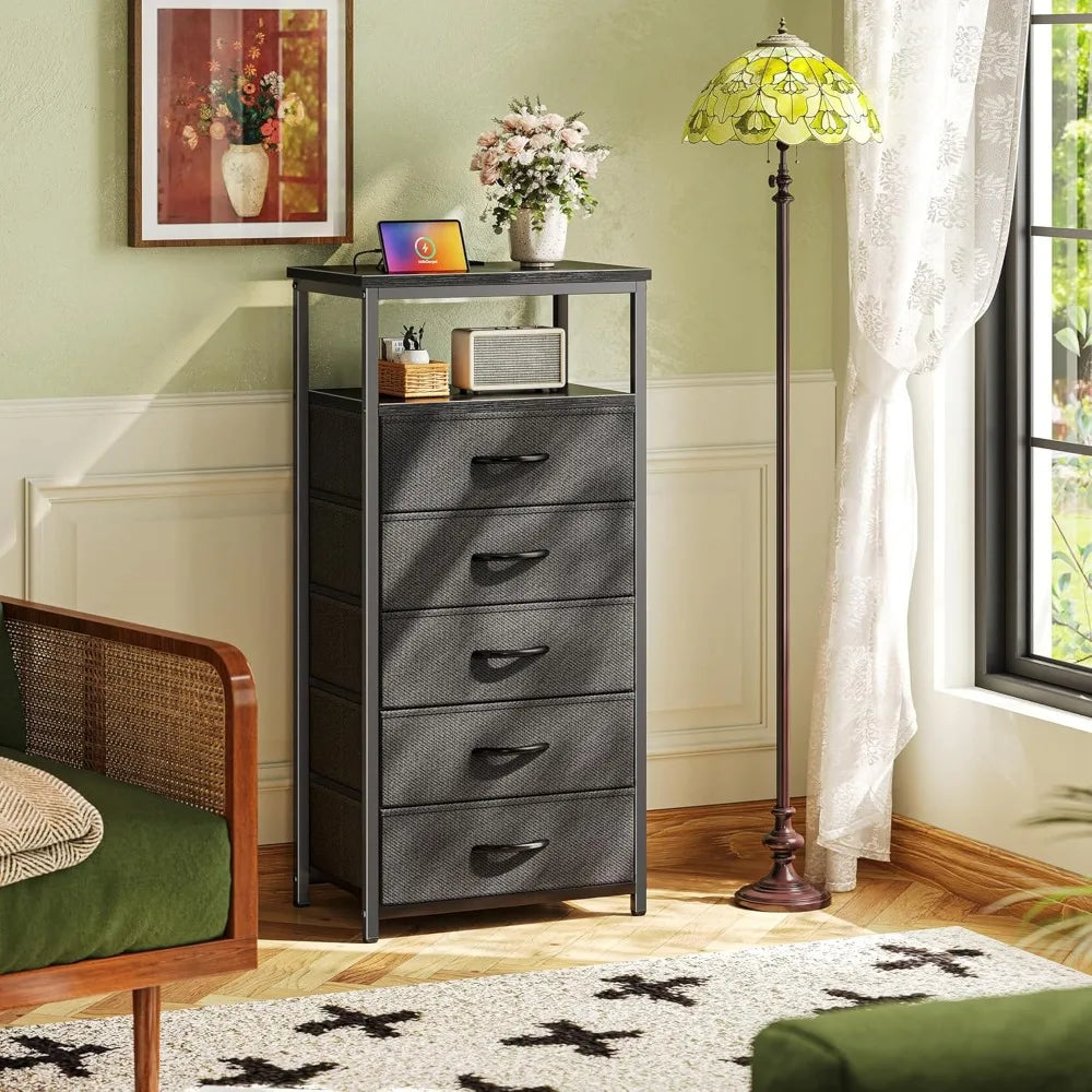 5 Drawers Dresser with Charging Station, Chest of Drawers with Open Shelf