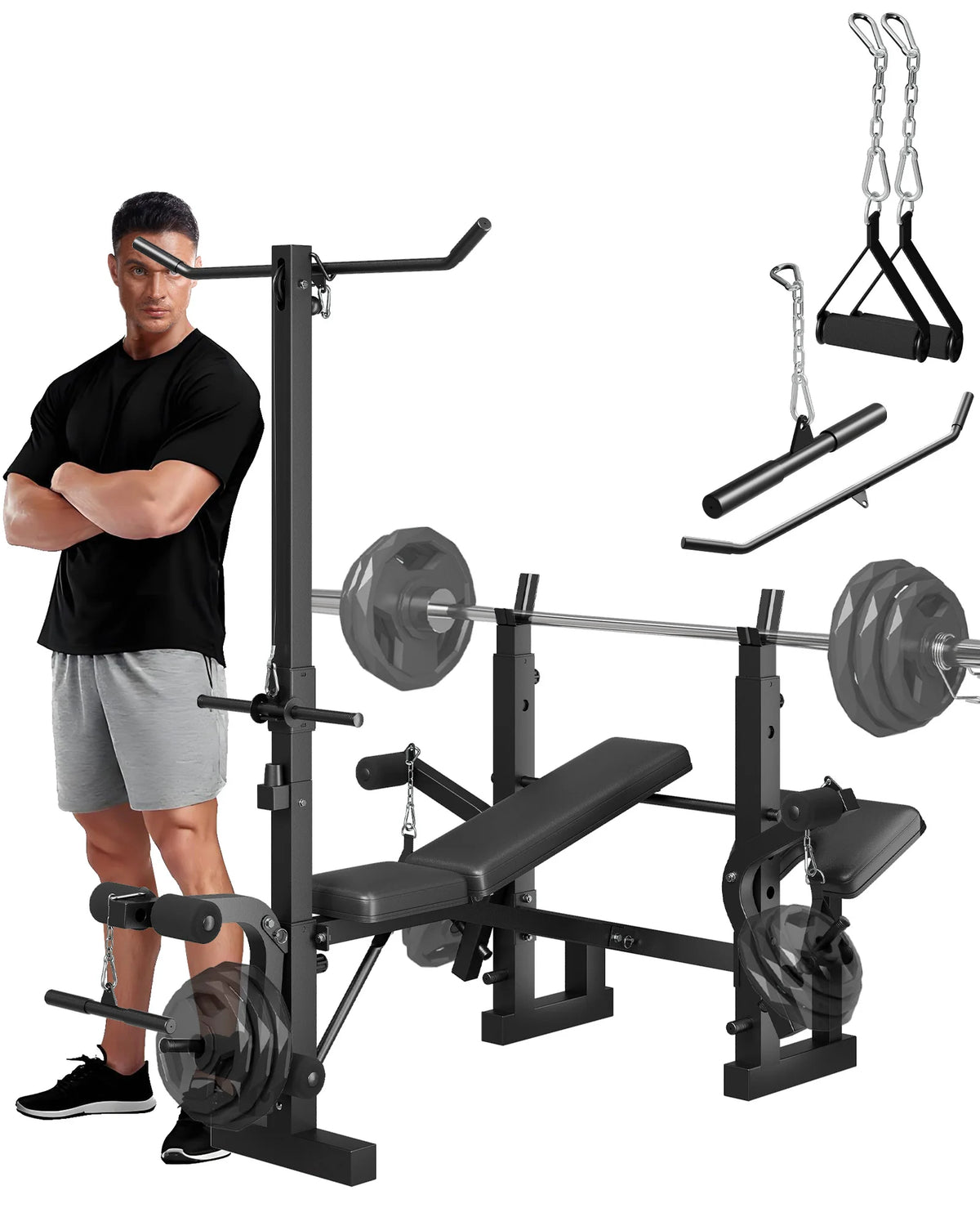 Adjustable 4-in-1 Weight Bench Set with Leg Developer Barbell Rack Butterfly Arm Preacher, Foldable