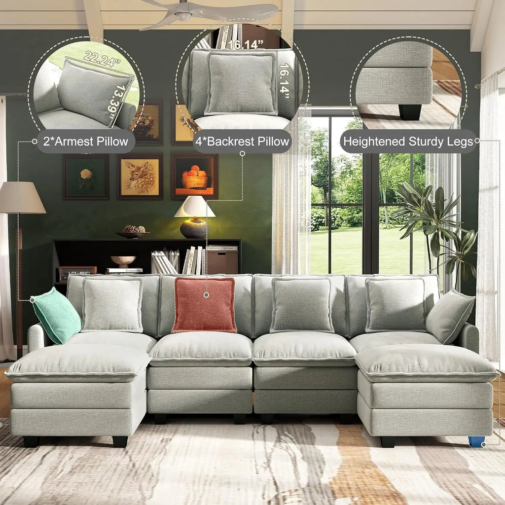 U Shaped Modular Sectional Sofa Deep Seat 4 Seat with 6 Washable Pillows 2 Ottoman Living Room Bedroom Apartment 107", Custom