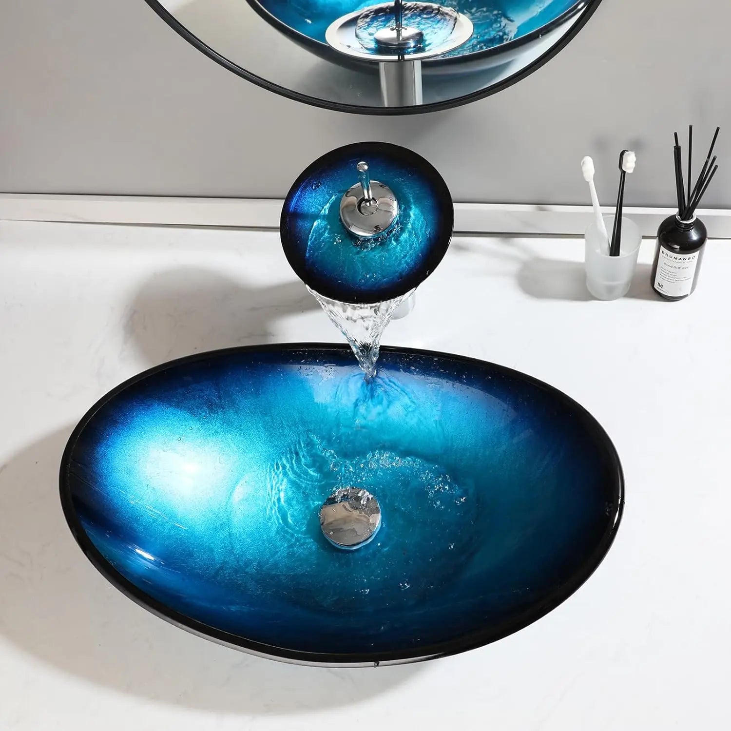 KEMAIDI Tempered Glass Countertop Washbasin Bowl Faucet Set