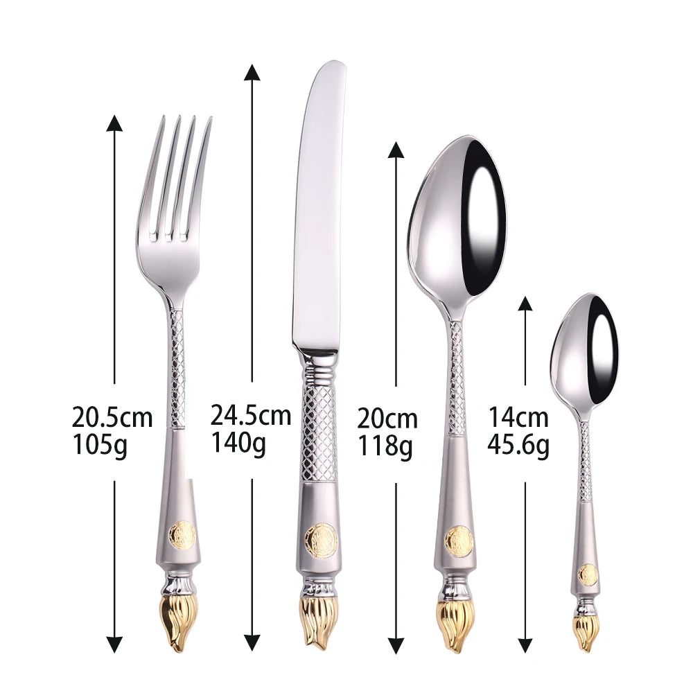 4 Pieces Tableware Set Stainless Steel Dinnerware Luxury Cutlery Vintage Knife Spoon Fork Set Kitchen Utensils Sliver Flatware