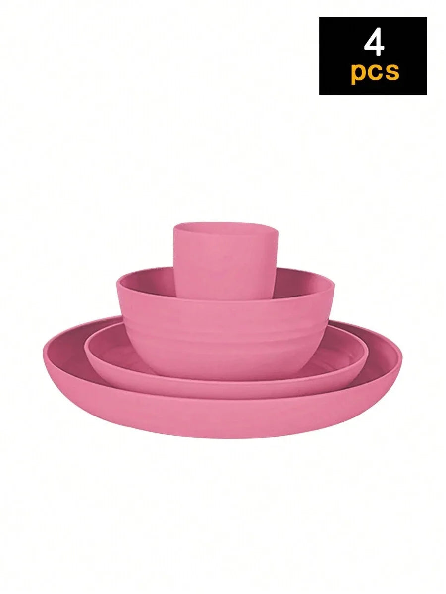 4/16/24pcs Reusable plastic tableware set, including plates, bowls and cups.