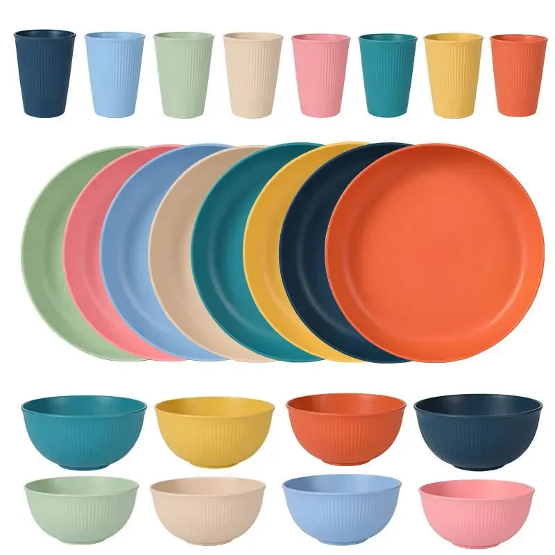 Wheat Straw Dinnerware Set Eco-friendly Safety Plates Cups Bowels, Tableware Set for Outdoor Camping