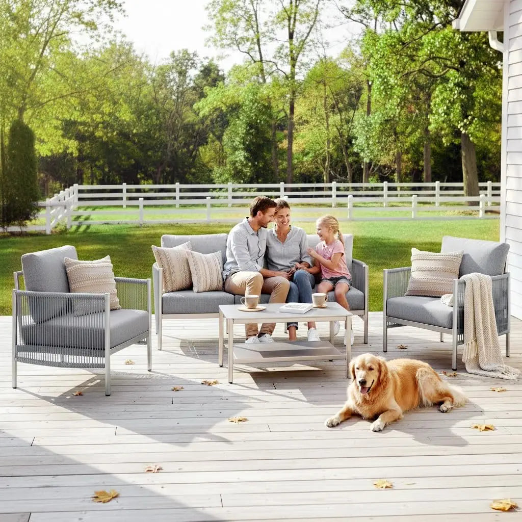 Aluminum Patio Furniture Set, 5 Seats Modern Outdoor Sectional Furniture & Dual-Layer Coffee Table,