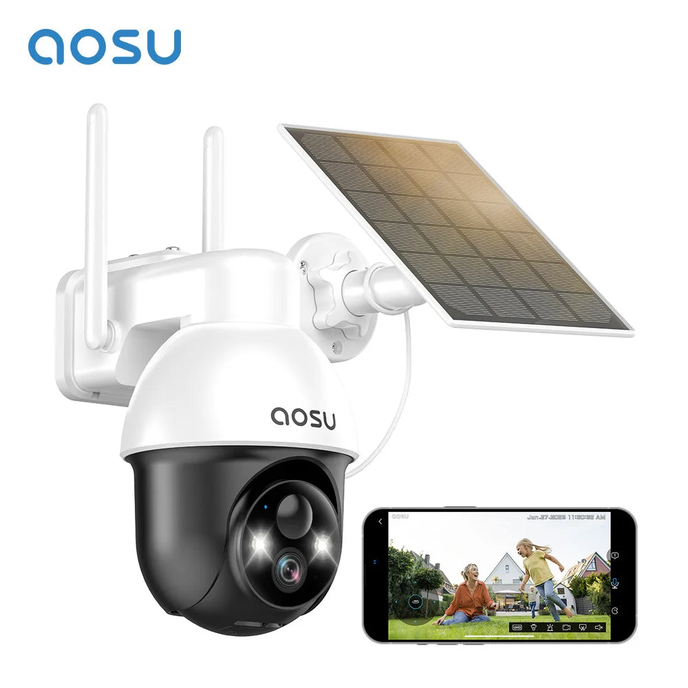 AOSU 3MP PTZ Solar Security Camera,, Built-in Battery, Wireless 2.4Ghz WIFI Camera PIR AI Detection, 2-Way Audio