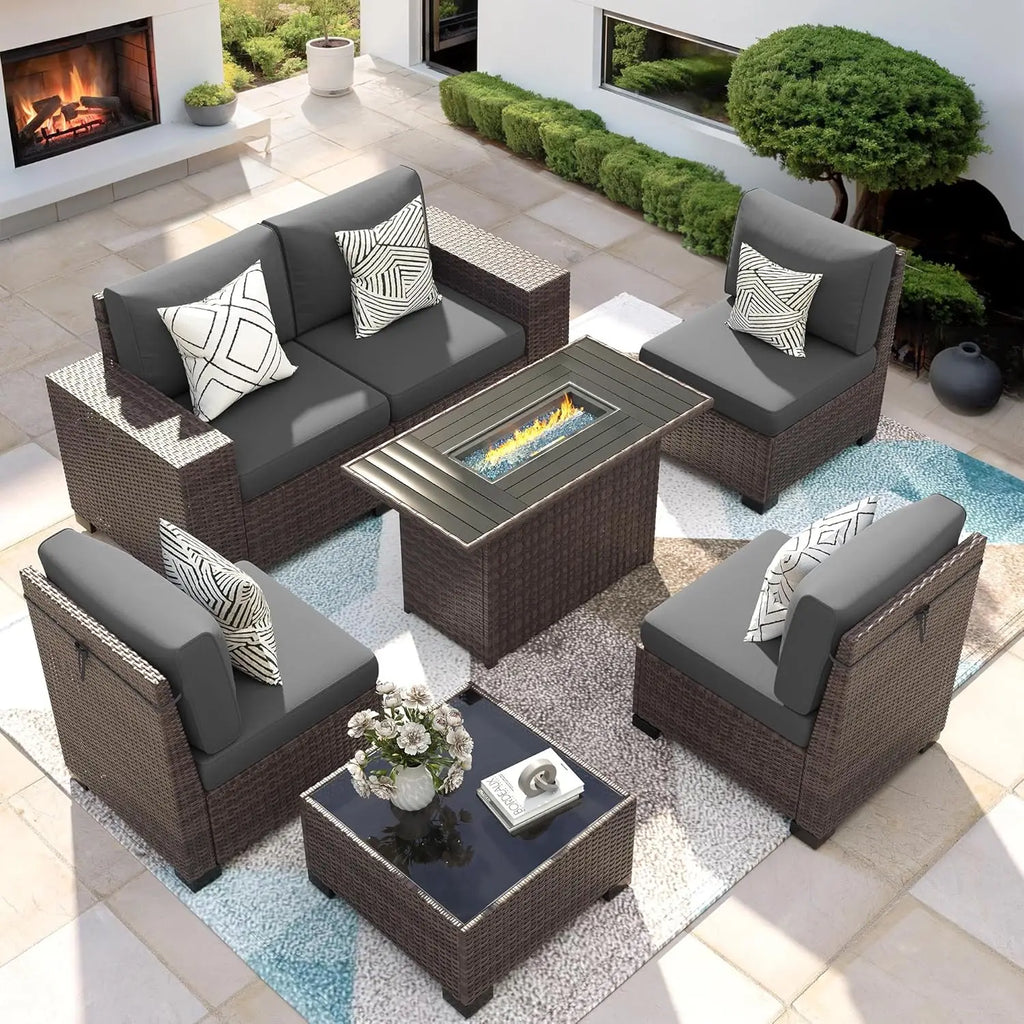 Patio Furniture Set with Fire Pit Table, 7 Piece Outdoor Sectional Conversation Sets Wicker Rattan Sectional Sofa,