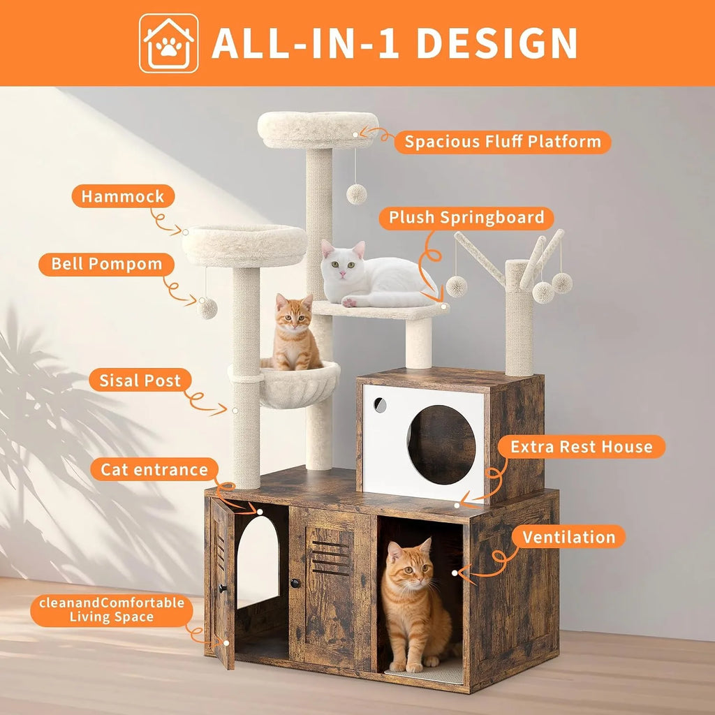 Cat Tower with Litter Box Enclosure, 2-in-1 Modern Cat Tree, 55.1-Inch Cat Condo with Scratching Posts,