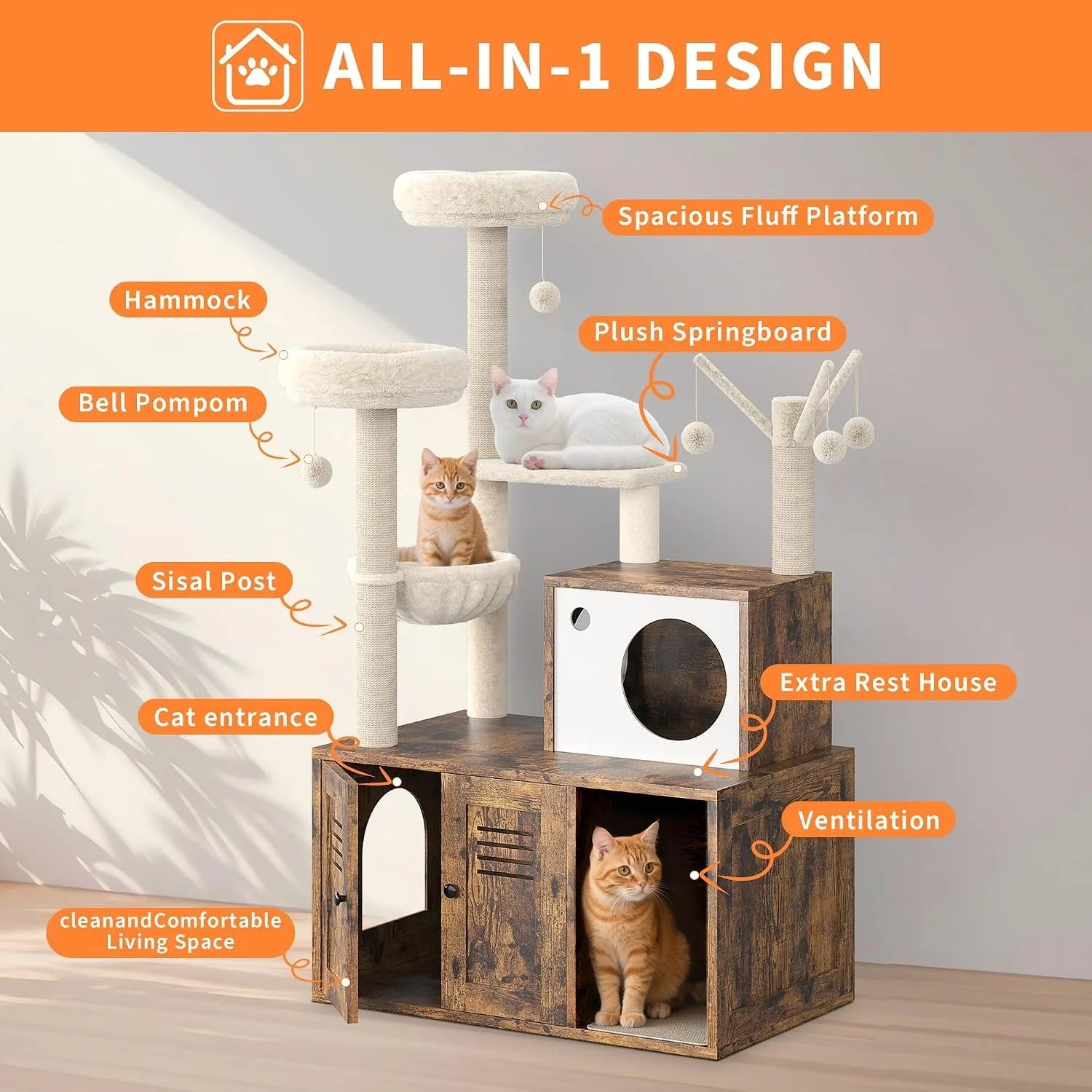 Cat Tower with Litter Box Enclosure, 2-in-1 Modern Cat Tree, 55.1-Inch Cat Condo with Scratching Posts,
