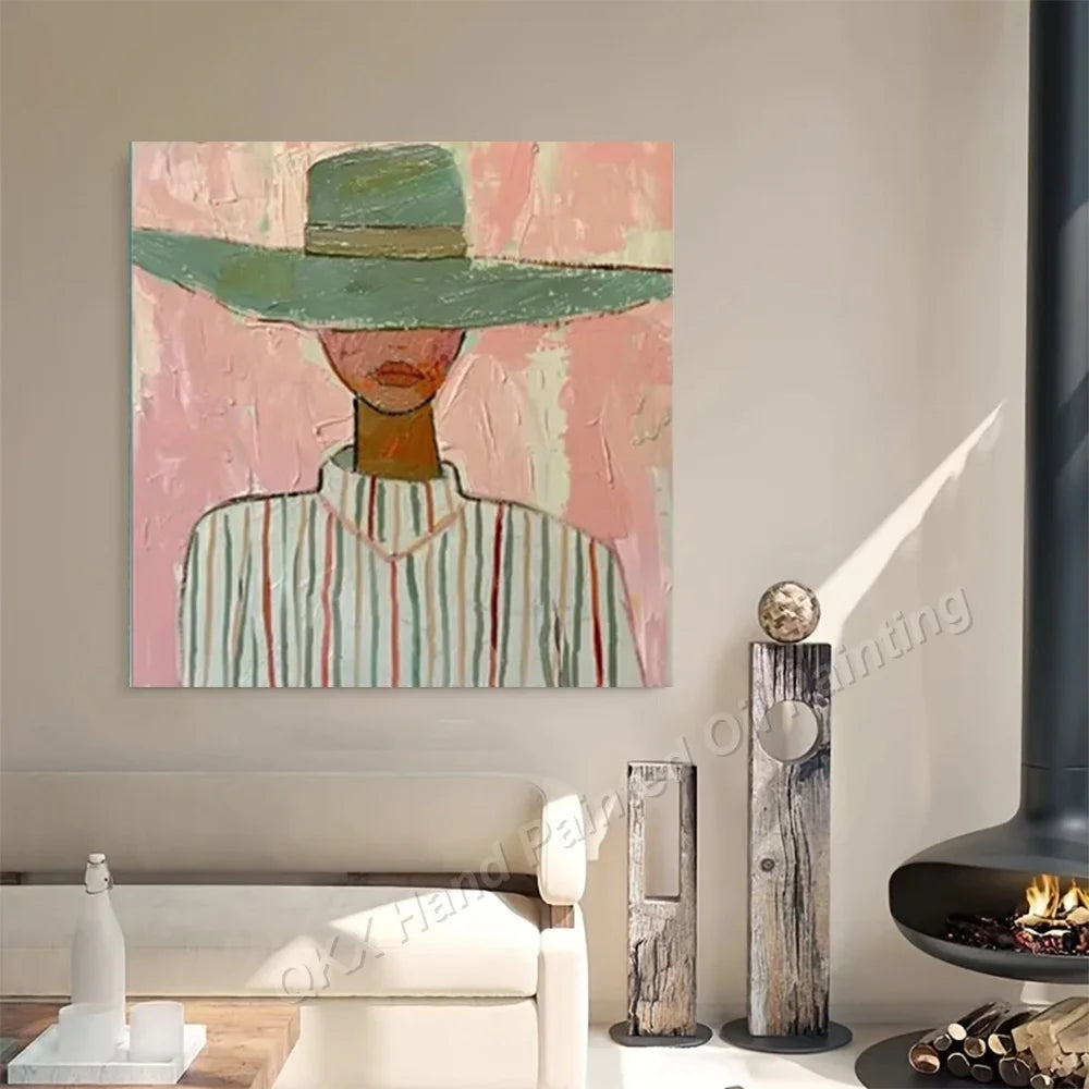 Hand-Painted Oil Painting on Canvas, Macaron Tone Striped Figure Textured Abstract Wall Painting