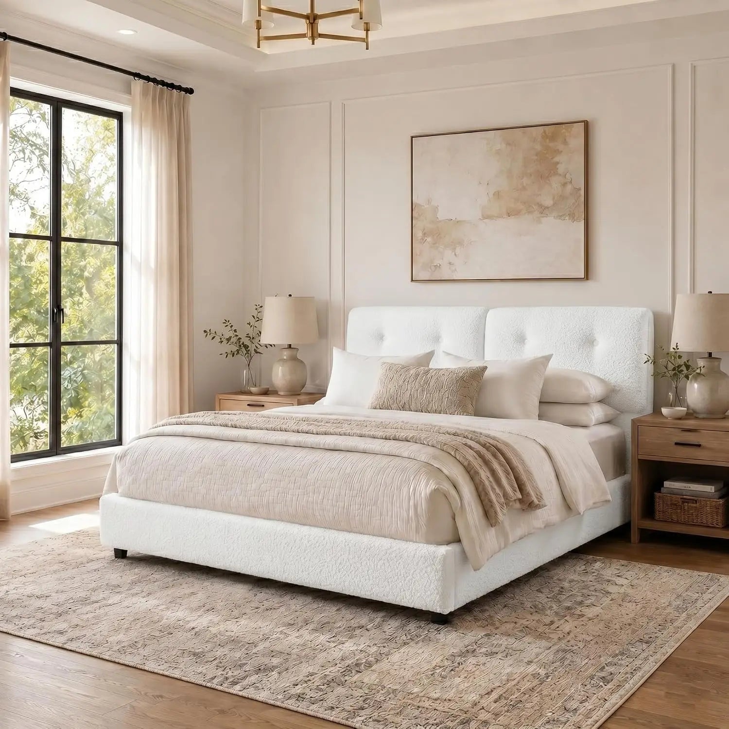 Bed Frame Queen Size, Boucle Upholstered Bed Frame with Headboard, No Box Spring Needed