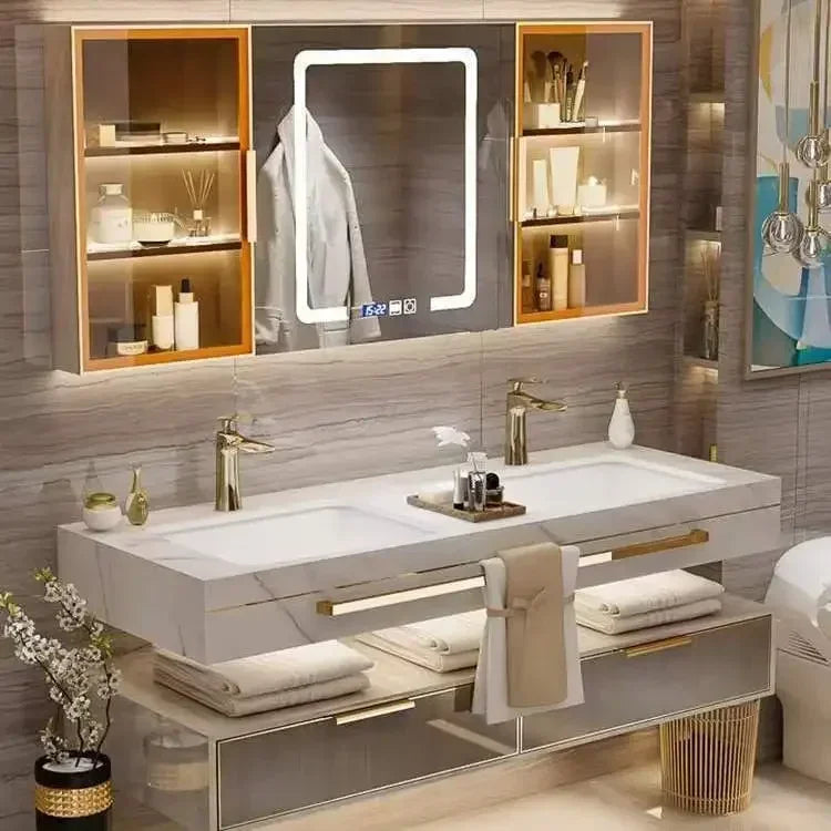 Modern Slate Bathroom Cabinet with Smart Mirror, Ceramic Double Washbasin Bathroom Vanity, Cabinets Under Sink