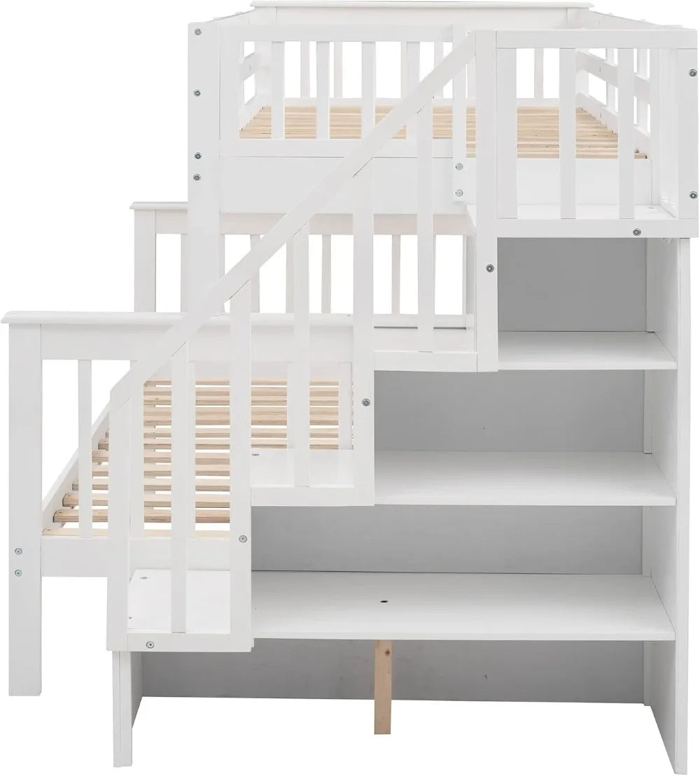 Twin Over Full Bunk Bed with Stairs & Storage Shelves, Solid Wood, White