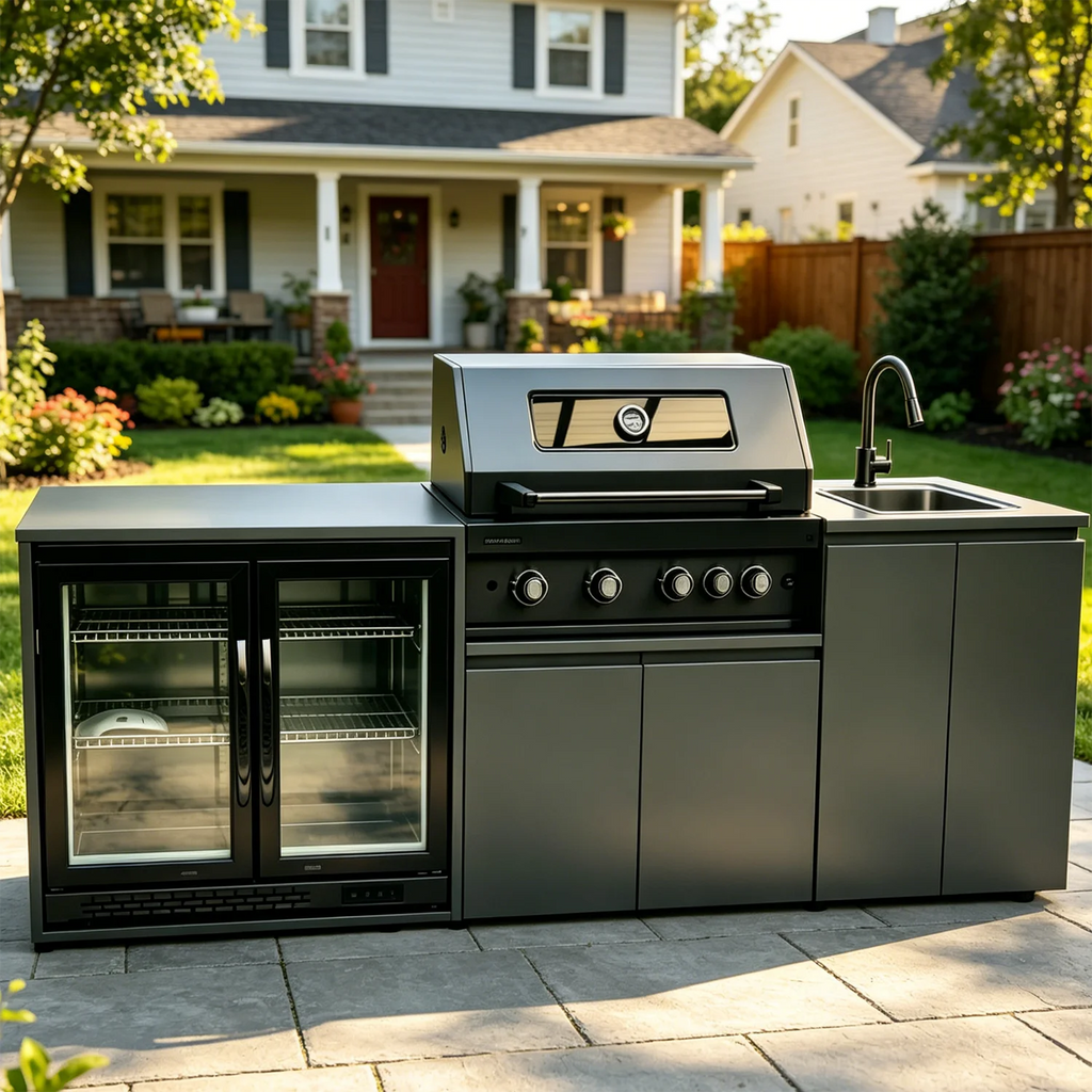 Modern Modular Functional Stainless Steel Outdoor Kitchen Cabinets With Grill Cooktop Sink Fridge LED For Backyard Patio Garden
