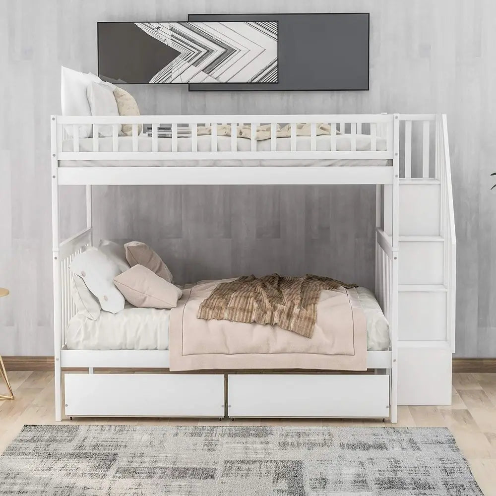 White Wooden Full- size Bunk Beds with Desks, Stairs, and Storage