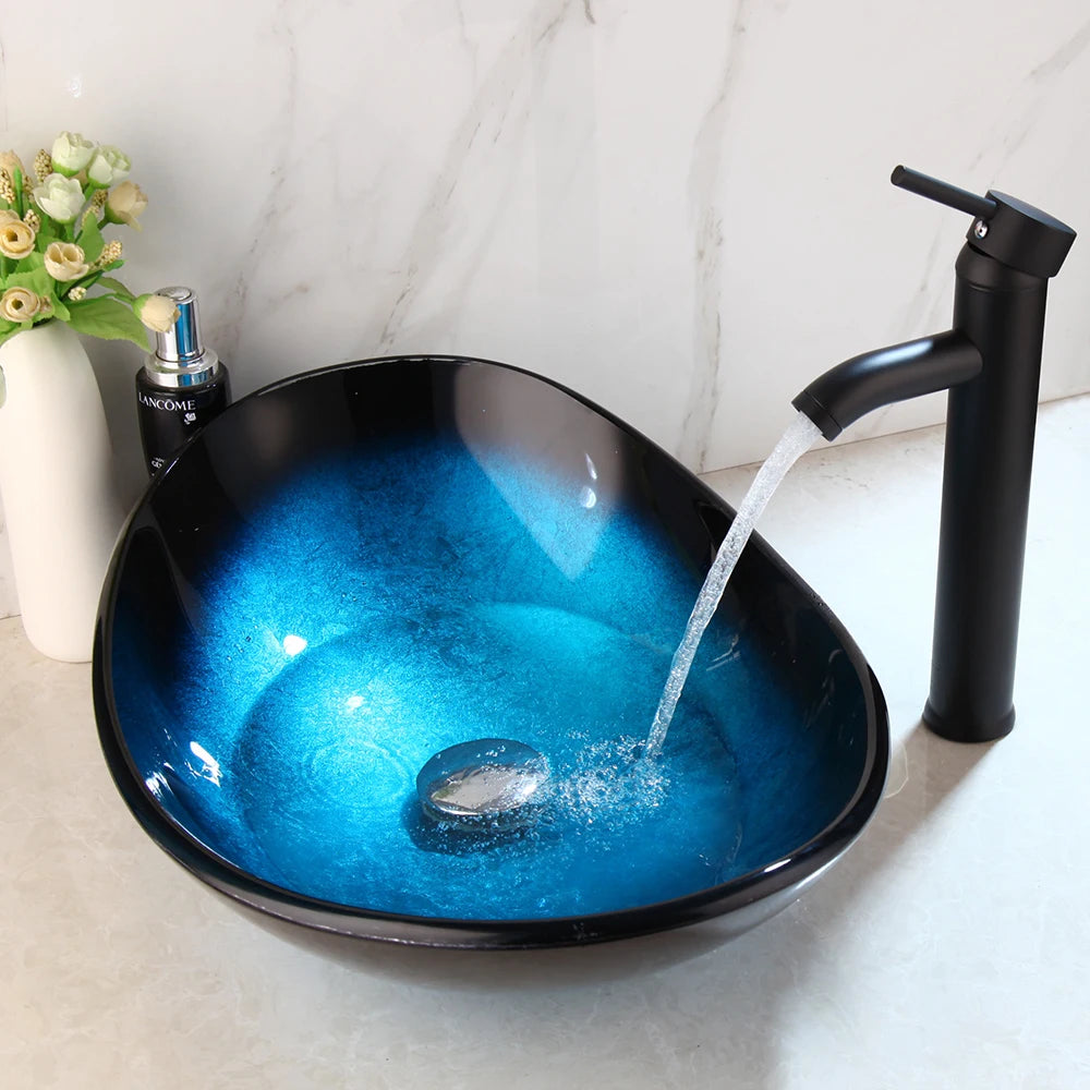 KEMAIDI Tempered Glass Countertop Washbasin Bowl Faucet Set