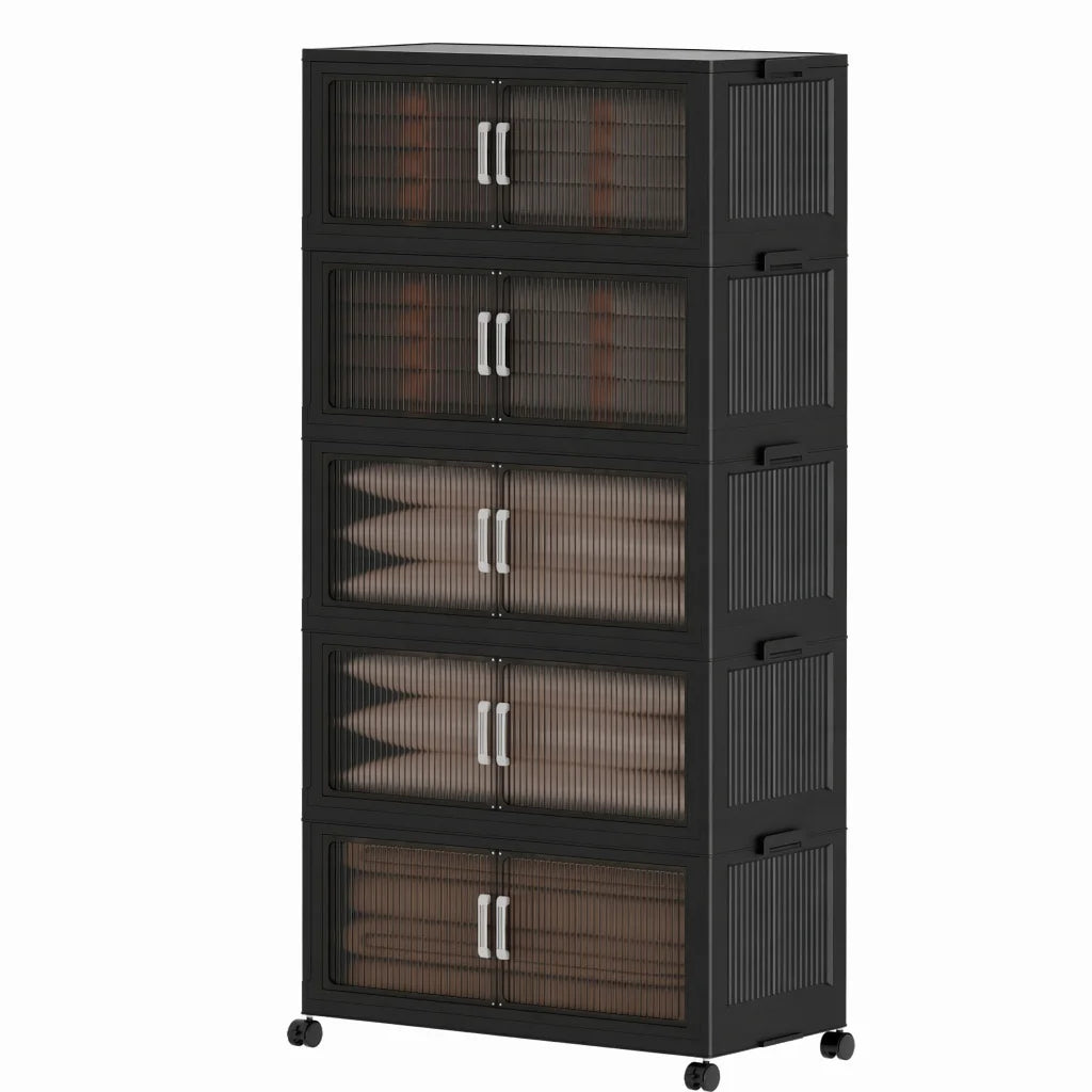 Foldable Storage Cabinets with Wheels, Stackable Plastic Storage Organizers with Transparent Flap Doors,