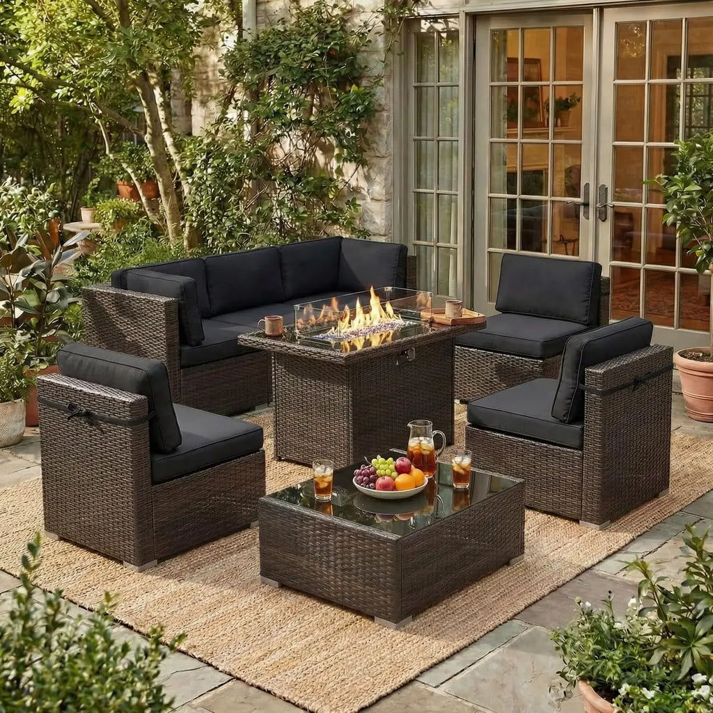 8 Piece Patio Furniture Set with 44" Propane Gas Fire Pit Table,