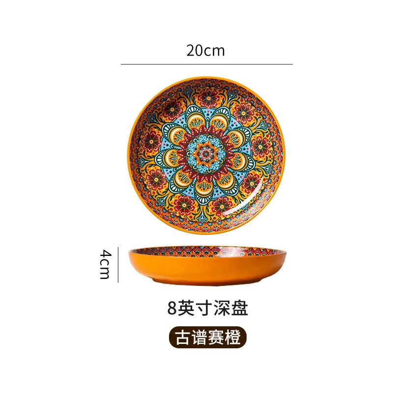 7in or 8in Ceramic Plates Household Retro Tableware Pasta Steak Plate Breakfast Dumpling  Fruit Plate