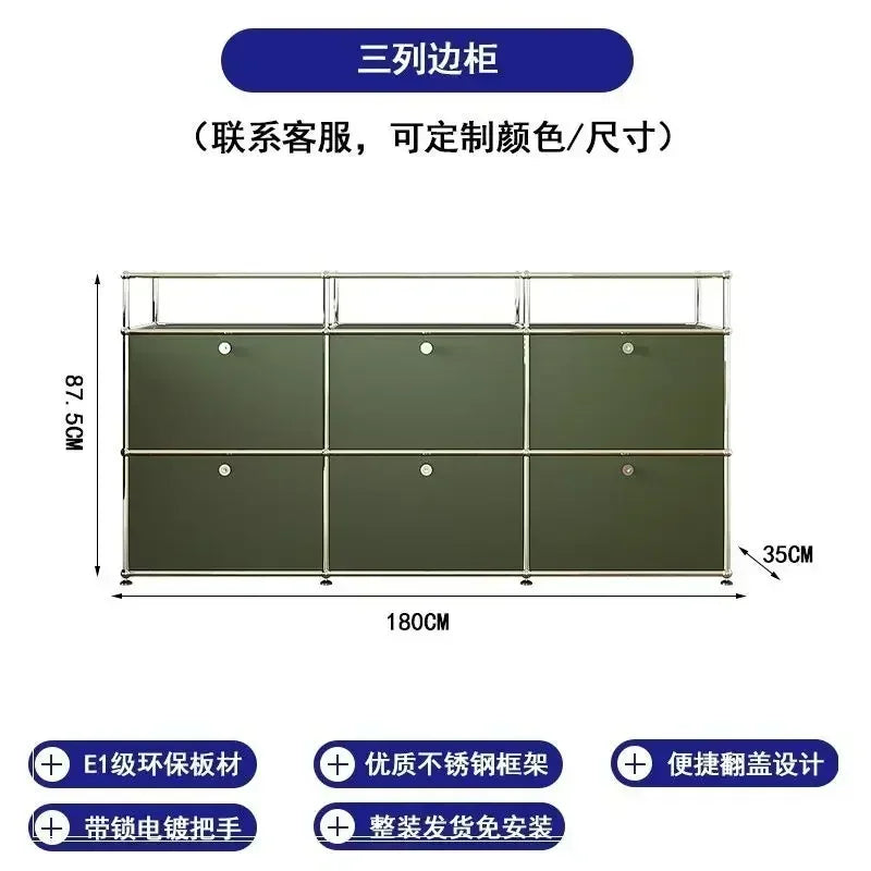 Olive Green Sideboard Storage Cabinets, Modular Combination Metal Frame for Living Room, Office