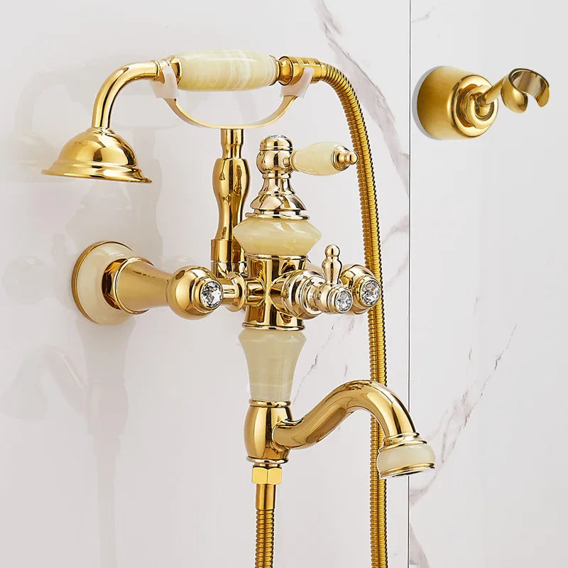 European vintage Brass Bathtub Hot and Cold water faucet with simple triple shower head