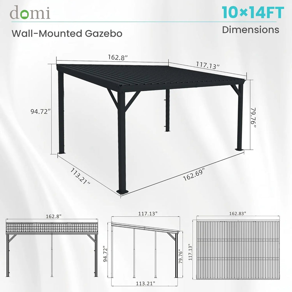 Domi 10' x 14' Lean to Gazebo, Wall Mounted with Built in Drainage System, Galvanized Steel Roof