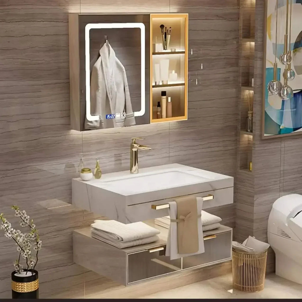 Modern Slate Bathroom Cabinet with Smart Mirror, Ceramic Double Washbasin Bathroom Vanity, Cabinets Under Sink