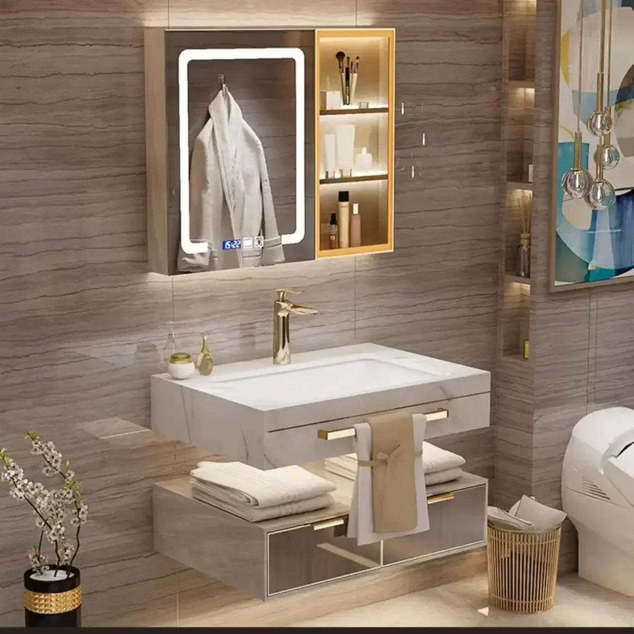 Modern Slate Bathroom Cabinet with Smart Mirror, Ceramic Double Washbasin Bathroom Vanity, Cabinets Under Sink