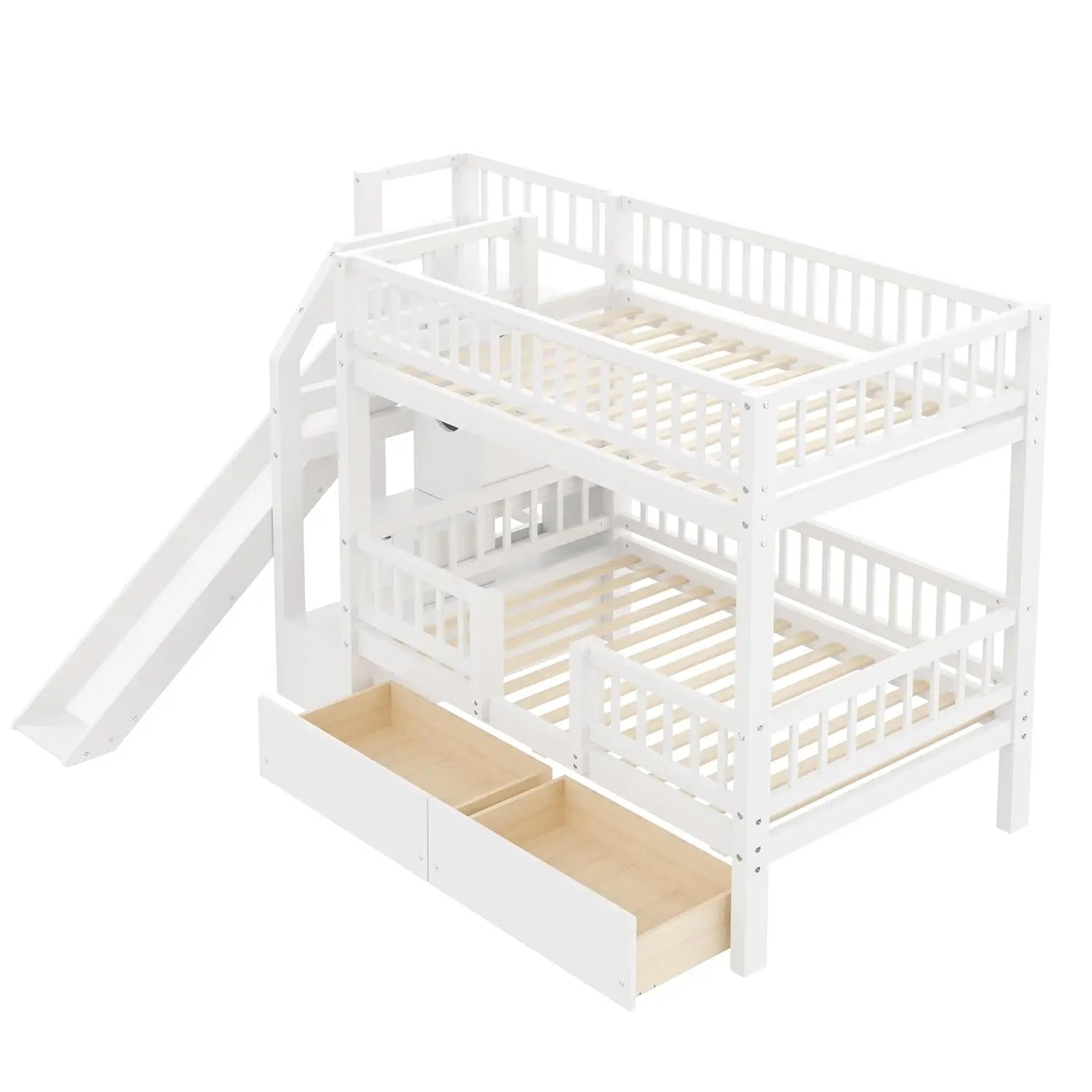 Twin Over Twin Bunk Bed with Slide, Storage Drawers & Staircase, Solid Pine Wood Frame, No Box Spring Needed, Kids, Customized
