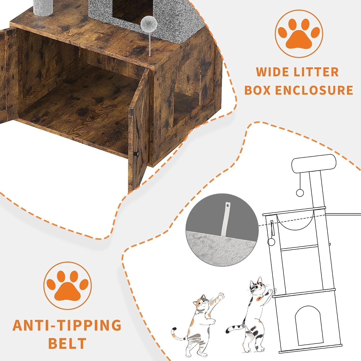 3-in-1 Modern Cat Tree with Hidden Litter Box Enclosure, Cat Condo Furniture with Scratching Post, Hammock & Platforms,