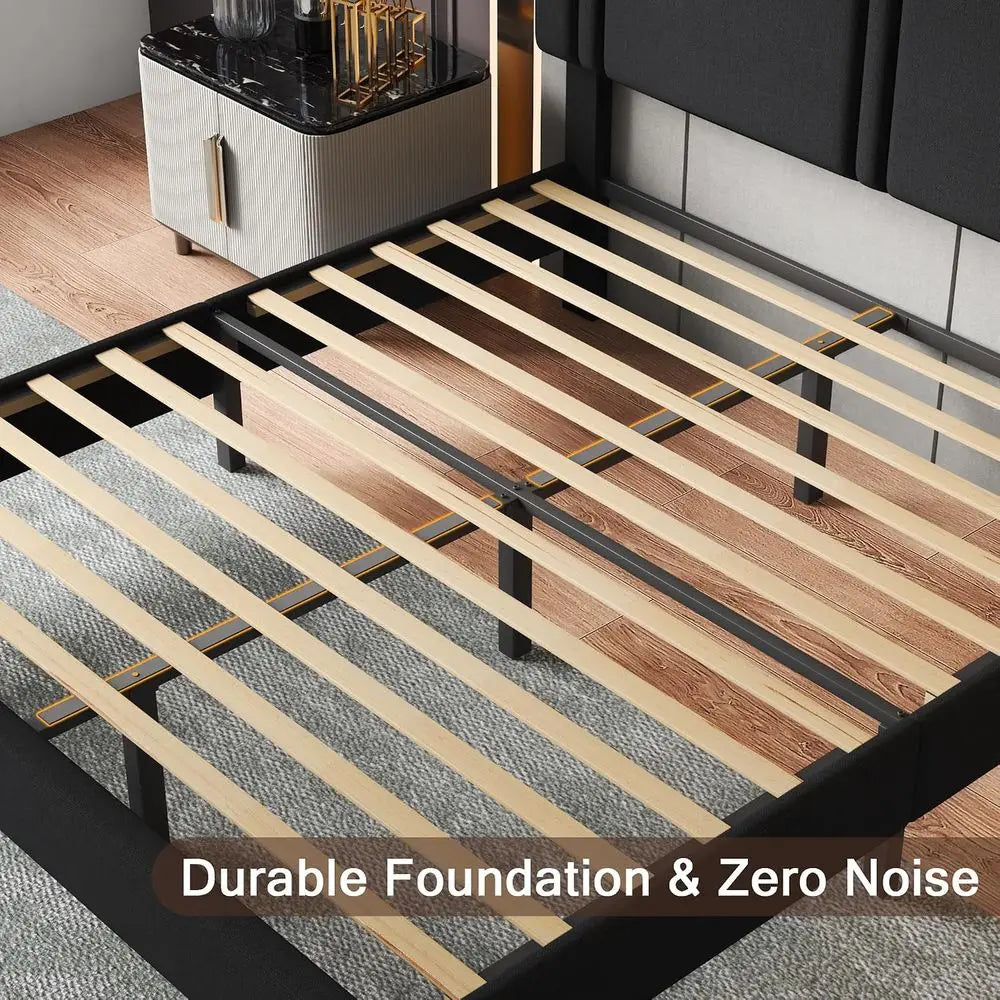 Einhomn Upholstered full Size Bed with Linen fabric board, Strong Wooden Slats Support, No Box Spring Needed, Black