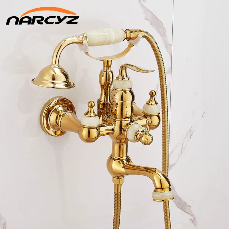 European vintage Brass Bathtub Hot and Cold water faucet with simple triple shower head