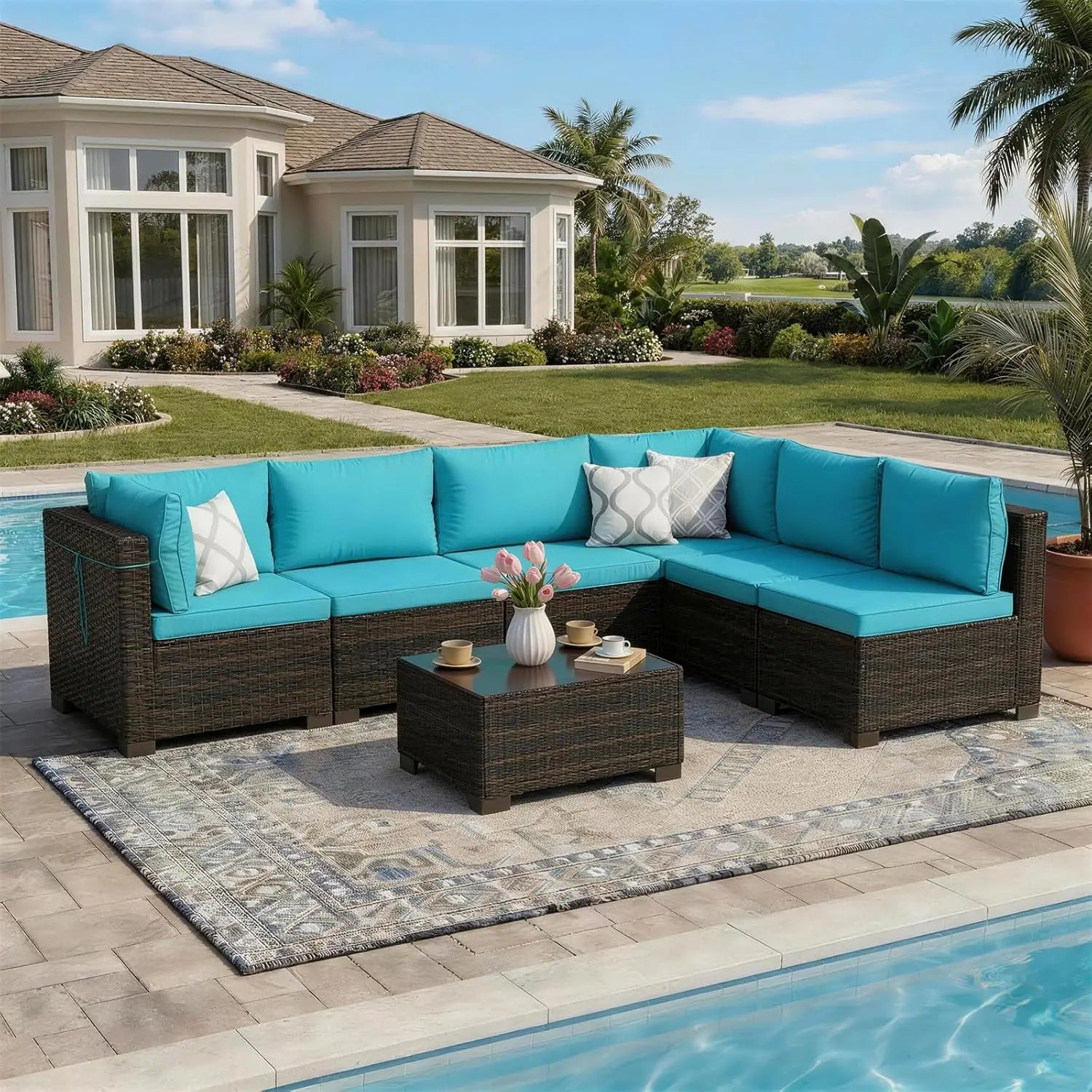 7 Pieces Rattan Wicker Sectional Sofa Set, with Tea Table
