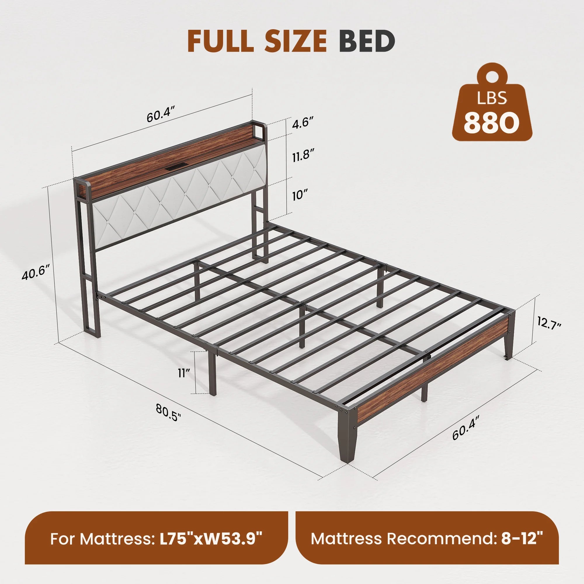 JHK Soft Pack Heavy Duty Metal Bed Frame with Headboard Charging Station, 1100lbs Capacity