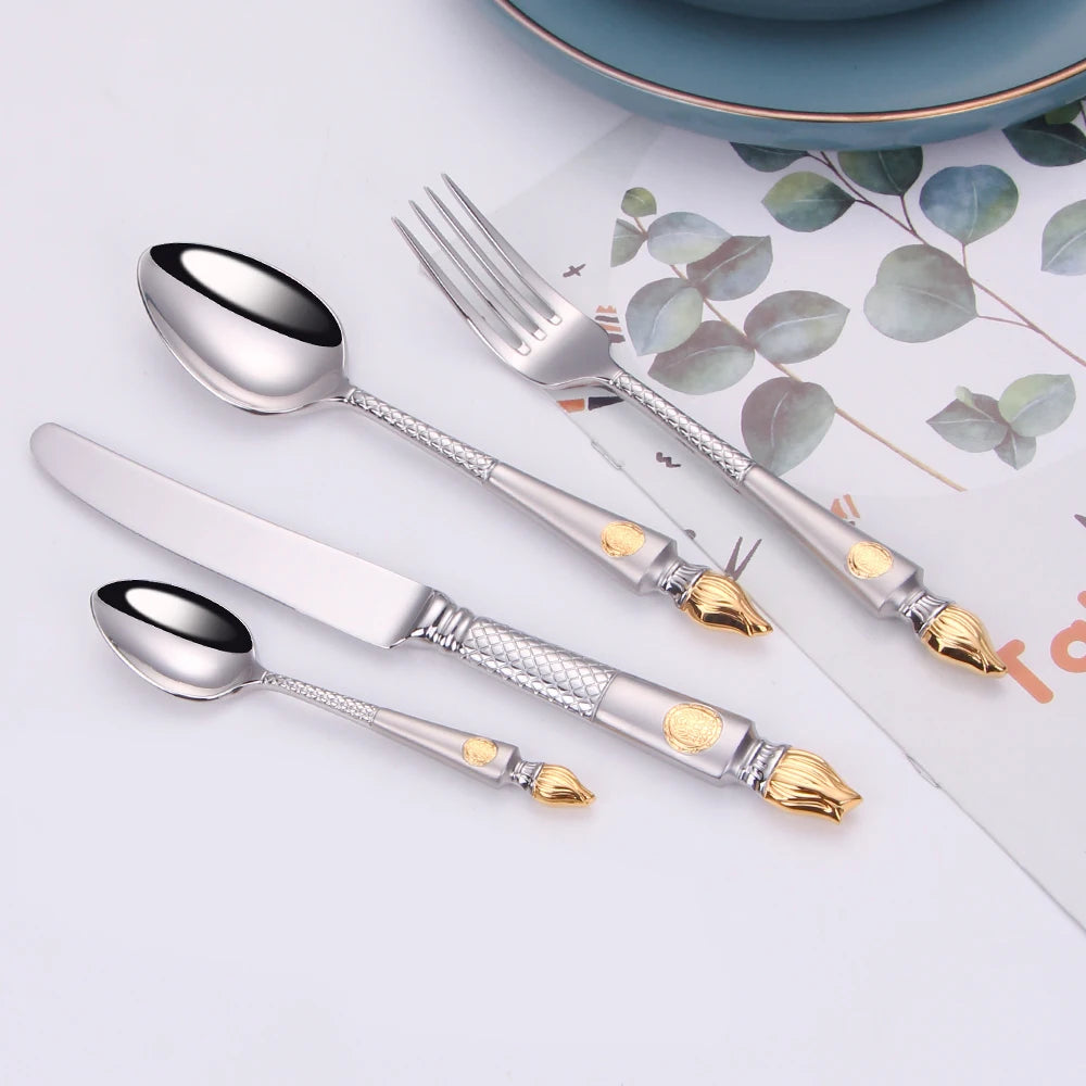 4 Pieces Tableware Set Stainless Steel Dinnerware Luxury Cutlery Vintage Knife Spoon Fork Set Kitchen Utensils Sliver Flatware