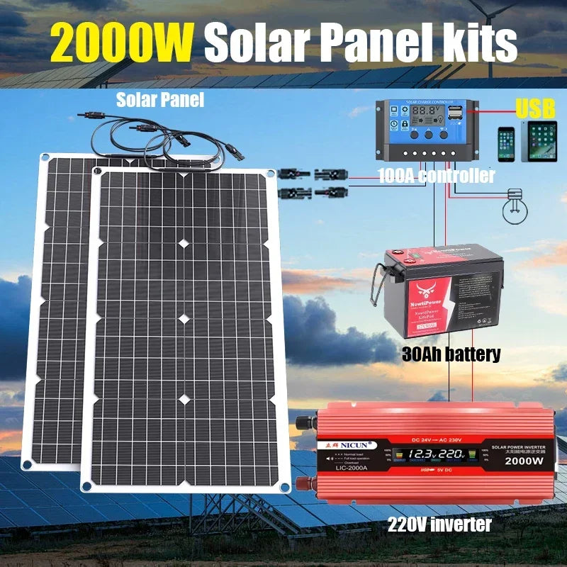 2000W Off-Grid Solar Complete Kit Power 100A Controller,110V 220V Inverter&10AH 30AH LiFePO4 Battery