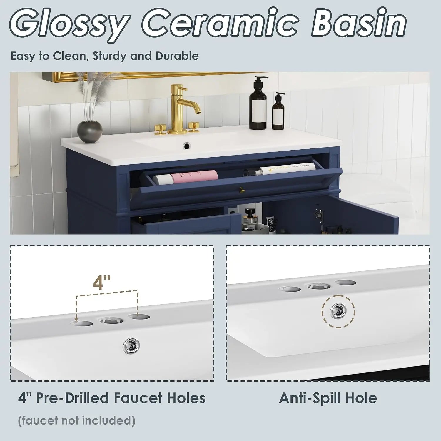 36'' Bathroom Storage Cabinet Vanity with Single Sink with 2 Drawers, 1 Pull Down Drawer and 1 Door