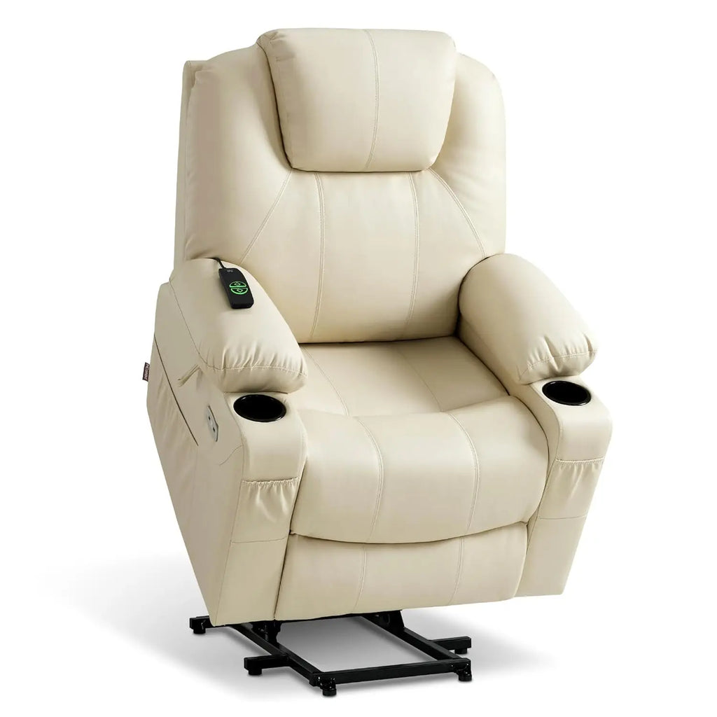 Electric Power Lift Faux Leather Recliner, Massage, Heat, 3 Positions, 2 Pockets, Cup Holder