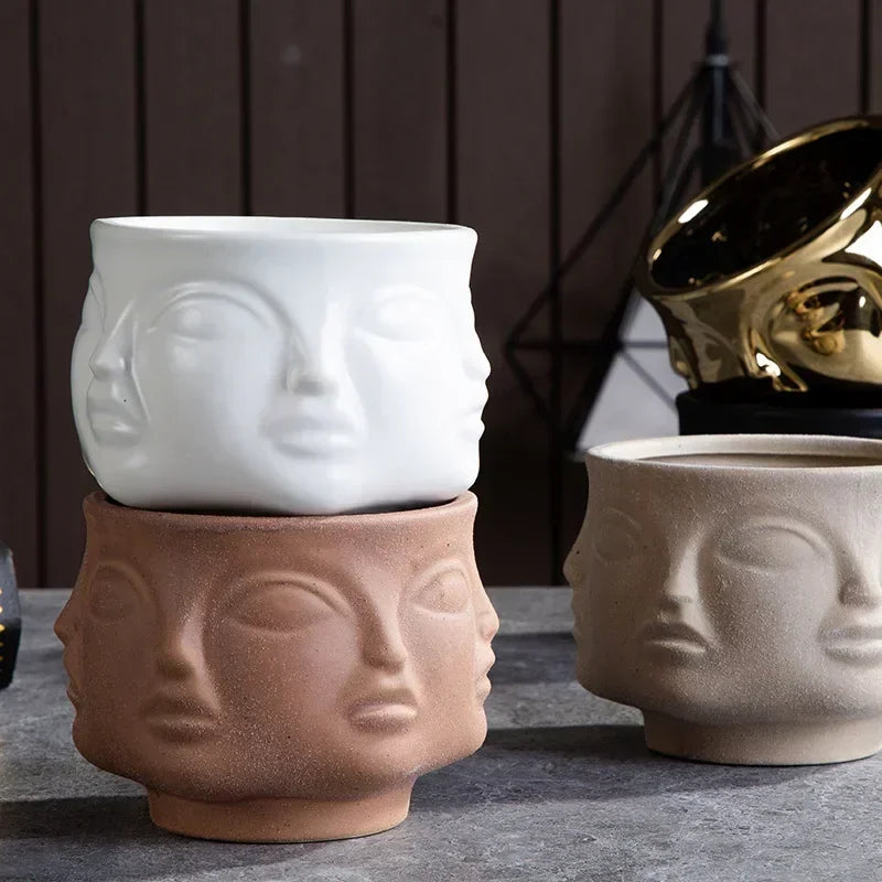 Sculptured Ceramic Human Face Art Vase