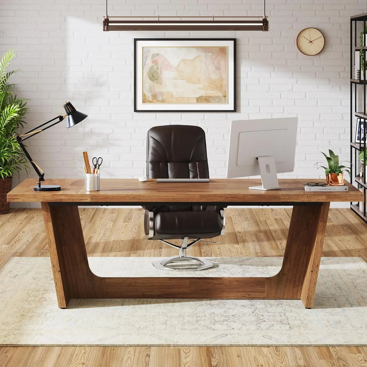 Large Walnut Executive Desk with Wooden Pedestal