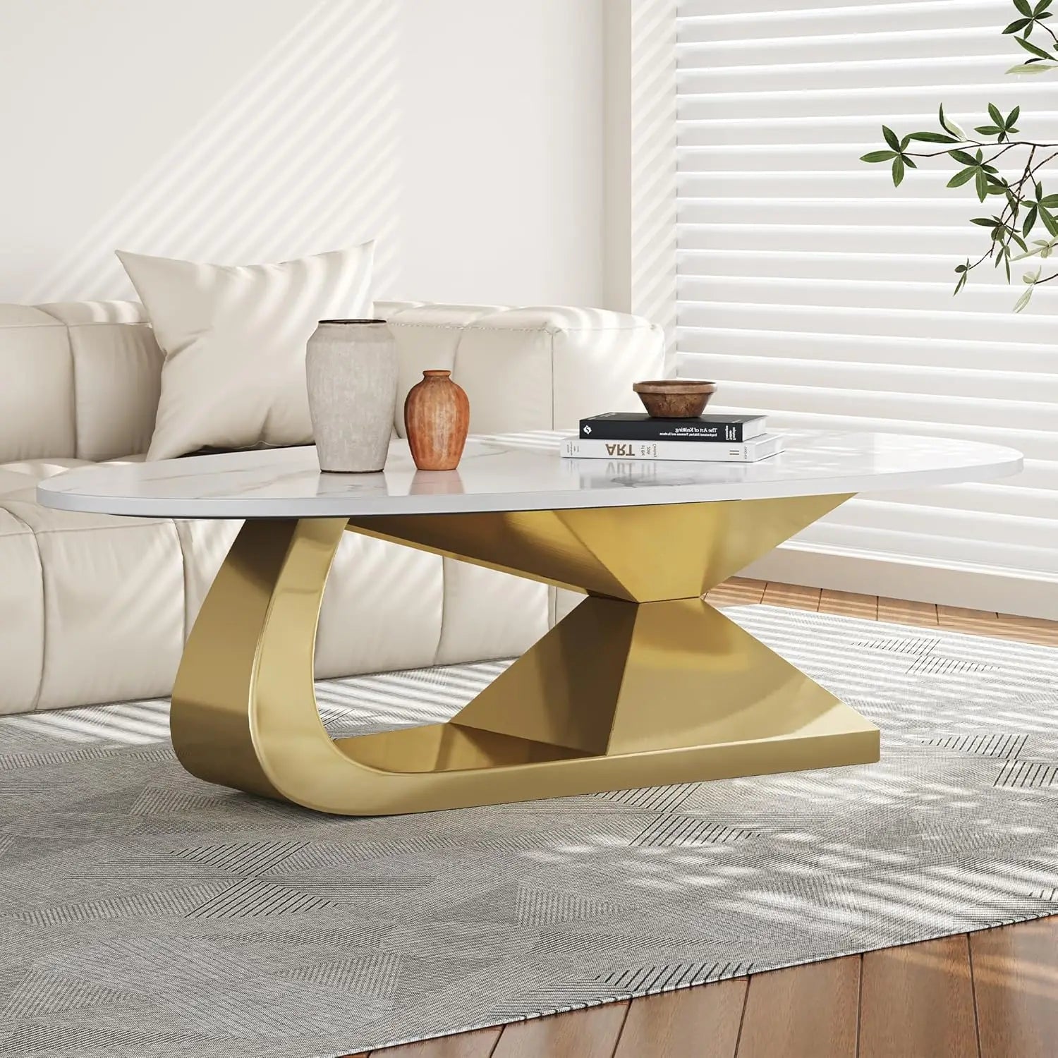 Modern Coffee Table with Silver Stainless Steel Pedestal, Oval Living Room Table with Faux Marble Top