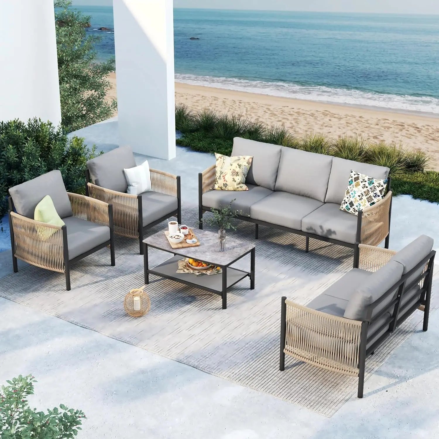 5 Piece Aluminum Outdoor Patio Furniture Set with Dual-Layer Coffee Table,