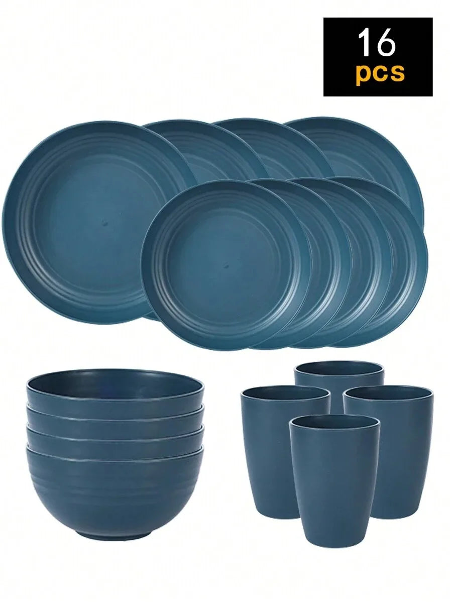 4/16/24pcs Reusable plastic tableware set, including plates, bowls and cups.
